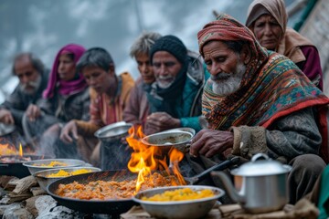 Wandering Community Cooking Food on Open Flame and Enjoying Communal Meal AI Generated