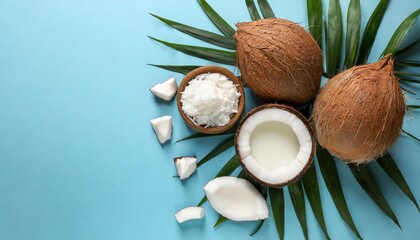 flat lay composition with coconut oil on light blue background space for text - obrazy, fototapety, plakaty