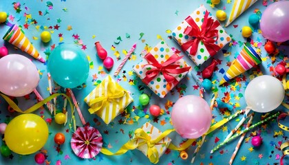 colorful birthday party flat lay background