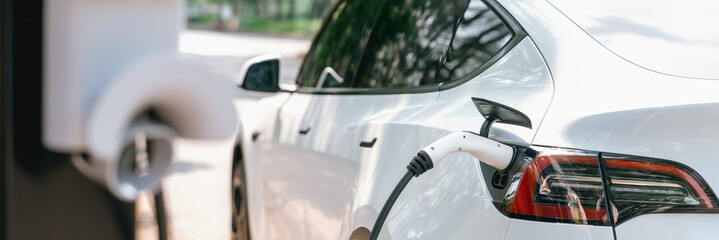 Panorama banner EV electric vehicle recharging battery from EV charging station in national park or...