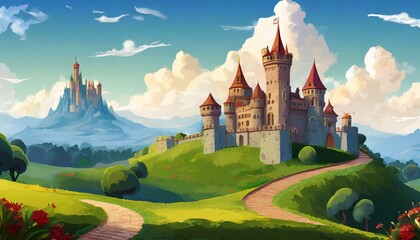fantasy fairy tale castle land land in a fantastic nrealisticnstyle digital artwork concept illustration for poster wallpaper video games background - obrazy, fototapety, plakaty