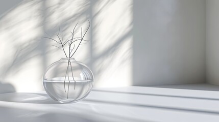  a vase with a plant in it sitting on a window sill with a shadow cast on the wall behind it and a light coming through the window behind it.