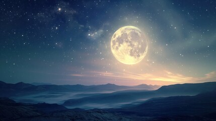  a view of a full moon in the night sky with mountains in the foreground and a distant mountain range in the foreground with a few stars in the sky.