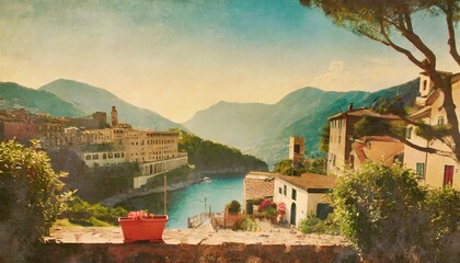 retro italian landscape vintage postcard from sunny italy 1970 vibe - obrazy, fototapety, plakaty