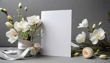 a white card with flowers on a gray background mock up 