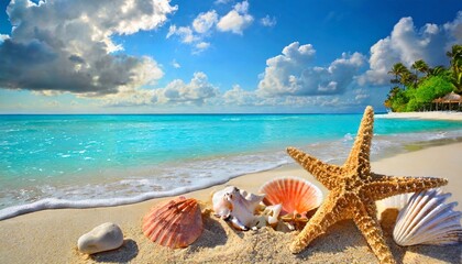 Fototapeta na wymiar sea shells starfish tropical sand turquoise caribbean
