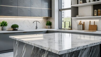 close up marble granite kitchen counter island for product display on modern bright and clean kitchen space 3d rendering 3d illustration - obrazy, fototapety, plakaty