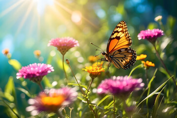Bright summertime scenery including soaring butterflies and untamed flowers on grassy forest glades, enhanced by sunlight and bokeh.