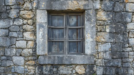  a stone building with a window and bars on the side of the building and a cat sitting on the window sill in front of the window of the building.
