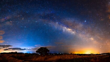 amazing panorama blue night sky milky way and star on dark background universe filled with stars nebula and galaxy with noise and grain photo by long exposure and select white balance selection focus - obrazy, fototapety, plakaty