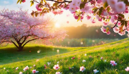 Obraz na płótnie Canvas pink cherry tree blossom flowers blooming in a green grass meadow on a spring easter sunrise background
