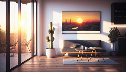 Minimalistic Interior design Apartment living room with balcony Ai generated image
