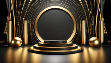 luxury stage illuminated black and gold background round podium 