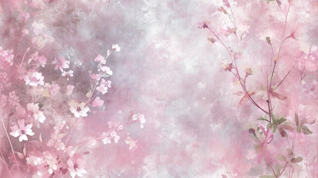  a painting of pink flowers on a pink and white background with space for a text or a name on the bottom right corner of the image and bottom corner of the image.