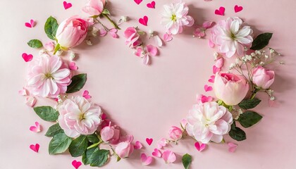 Fototapeta na wymiar valentine s day background frame made of pink flowers hearts on pastel pink background valentines day concept flat lay top view copy space
