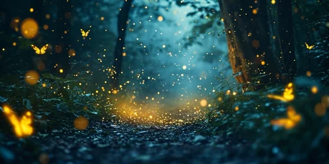 Fototapete Feenwald Abstract and magical image of Firefly and butterfly flying in the night forest. Fairy tale concept.