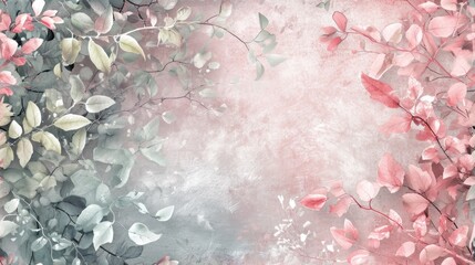  a painting of pink and green leaves on a pink and gray background with space for a text or a picture on the left side of the painting is an empty space.