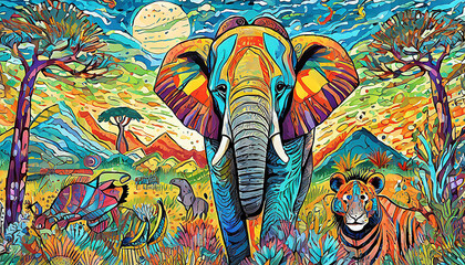 Picture of colorful African animals. Generative AI.