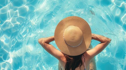Top view of beautiful woman earing sunhat relaxing in swimming pool - Powered by Adobe