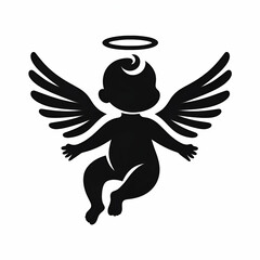 Vintage flying angel logo silhouette, white background isolated 