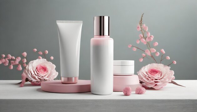 mockup productos cosmeticos color blanco y rosa elegante moderno 3d fondo con mockup botellas de cosmetico maquillaje spa en blanco fotografia producto