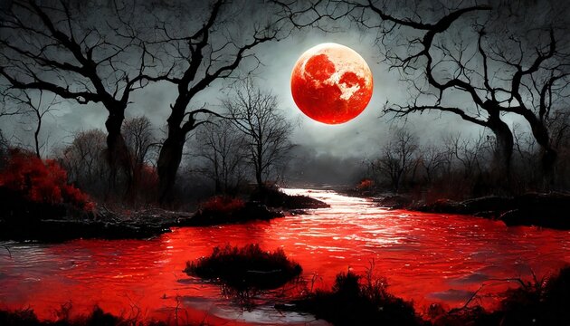 sinister halloween night scene with a red moon blood river and creepy trees 