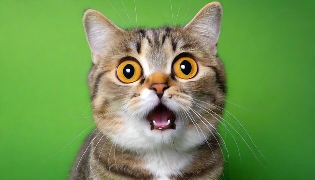 funny pet cute surprised cat with big eyes on green background