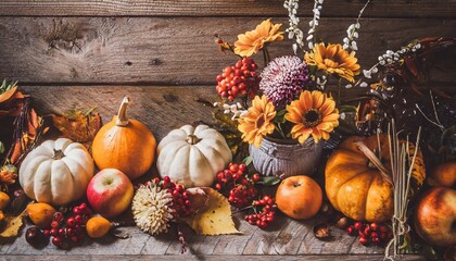 autumn thanksgiving moody background with different pumpkins fall fruit and flowers on rustic wooden table flat lay - obrazy, fototapety, plakaty