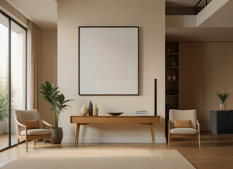 Fototapeta na wymiar Beige living room interior with sideboard and dining table, mockup frame