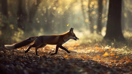  a red fox walking through a forest on a sunny day with autumn leaves on the ground and on the ground, in the foreground is a path with trees and leaves on the ground.