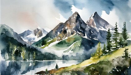 watercolors of mountain landscapes - obrazy, fototapety, plakaty