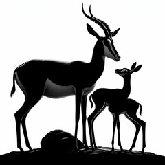 black silhouette gazelle and gazelle baby isolated on white background