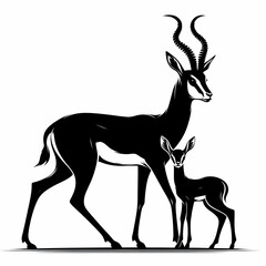 black silhouette gazelle and gazelle baby isolated on white background