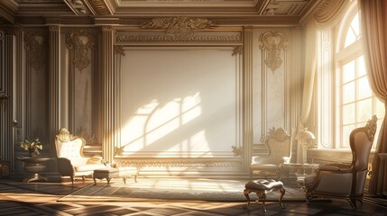 A luxurious living room with an empty canvas frame, adorned with intricate details and bathed in natural sunlight.