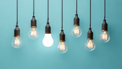 hanging light bulbs with glowing one different idea on light blue background minimal concept idea flat lay top