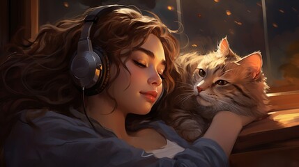 Girl Immersed in Listening to an Audiobook with a Sleeping Cat Beside Her AI Generated