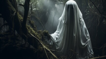 Ethereal Presence: Ghost Peeks Out from Forest AI Generated