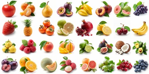 Collage of juicy fresh fruits and berries on a white background