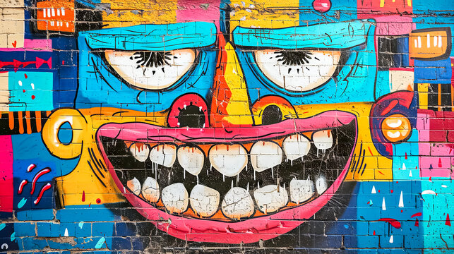 Vibrant graffiti of a whimsical face on an urban brick wall
