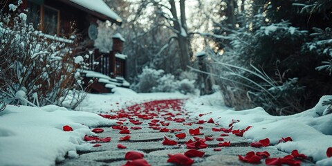 Rose Petals on a path to a Cabin