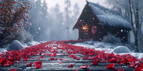 Roses on a Pathway in the Winter Snow