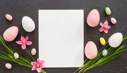 creative easter flat lay with white paper blank