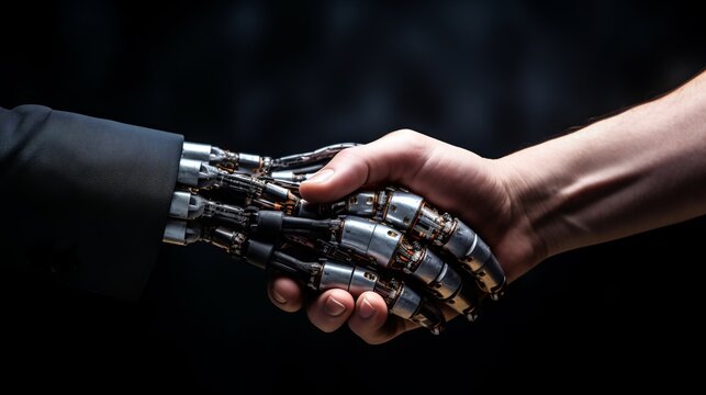 Close-Up Concept of Collaboration: Human and Robot Handshake AI Generated