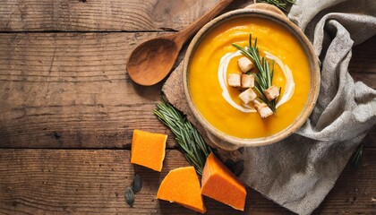 pumpkin and carrot cream soup on rustic wooden table autumn pumpkin cream soup with rosemary herb and croutons top view copy space - obrazy, fototapety, plakaty