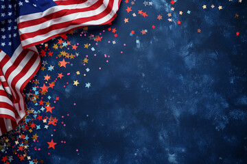 Flat lay composition with american flag and confetti on dark blue background. 4th of July party, American Independence Day concept. Generative AI