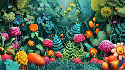  a painting of a forest filled with lots of different types of flowers and plants on top of a field of grass and flowers on top of each side of each other.