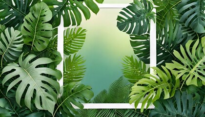 tropical frame with exotic jungle plants palm leaves monstera and place for text background