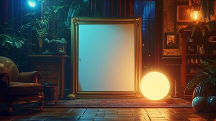 A magical living room with an empty canvas frame, bathed in the soft glow of a magical orb.