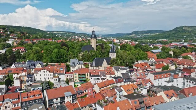 Aerial drone view of Friedenskirche and St. Johannes Baptist in Jena , Thuringia, Germany