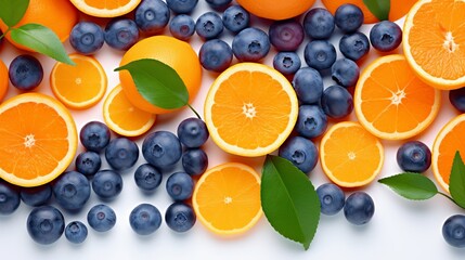 Colorful Blueberries and Orange Segments on White Background AI Generated